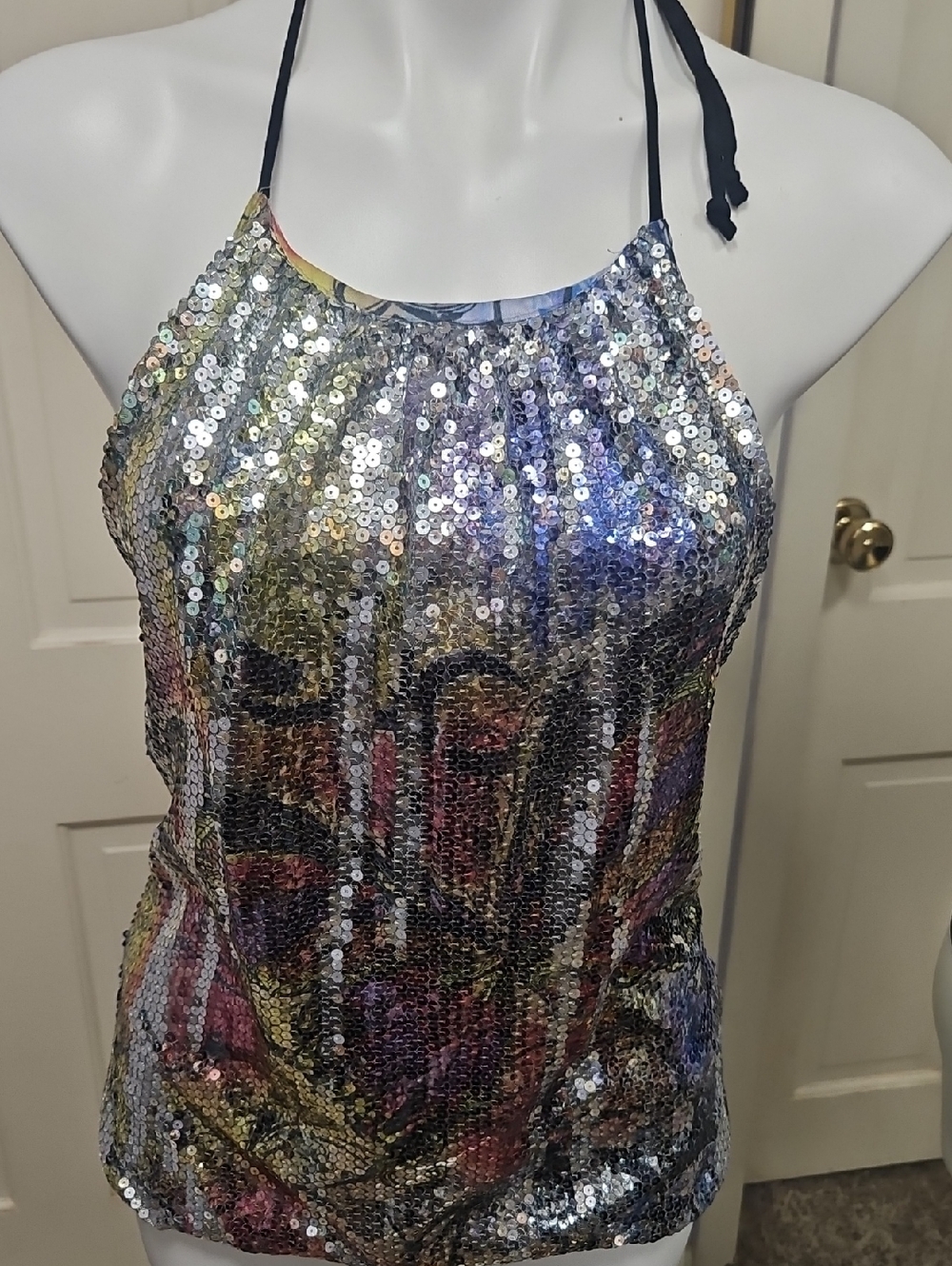 Body Central Silver Multicolor Sequin Halter Tank Top Butterfly Reveal